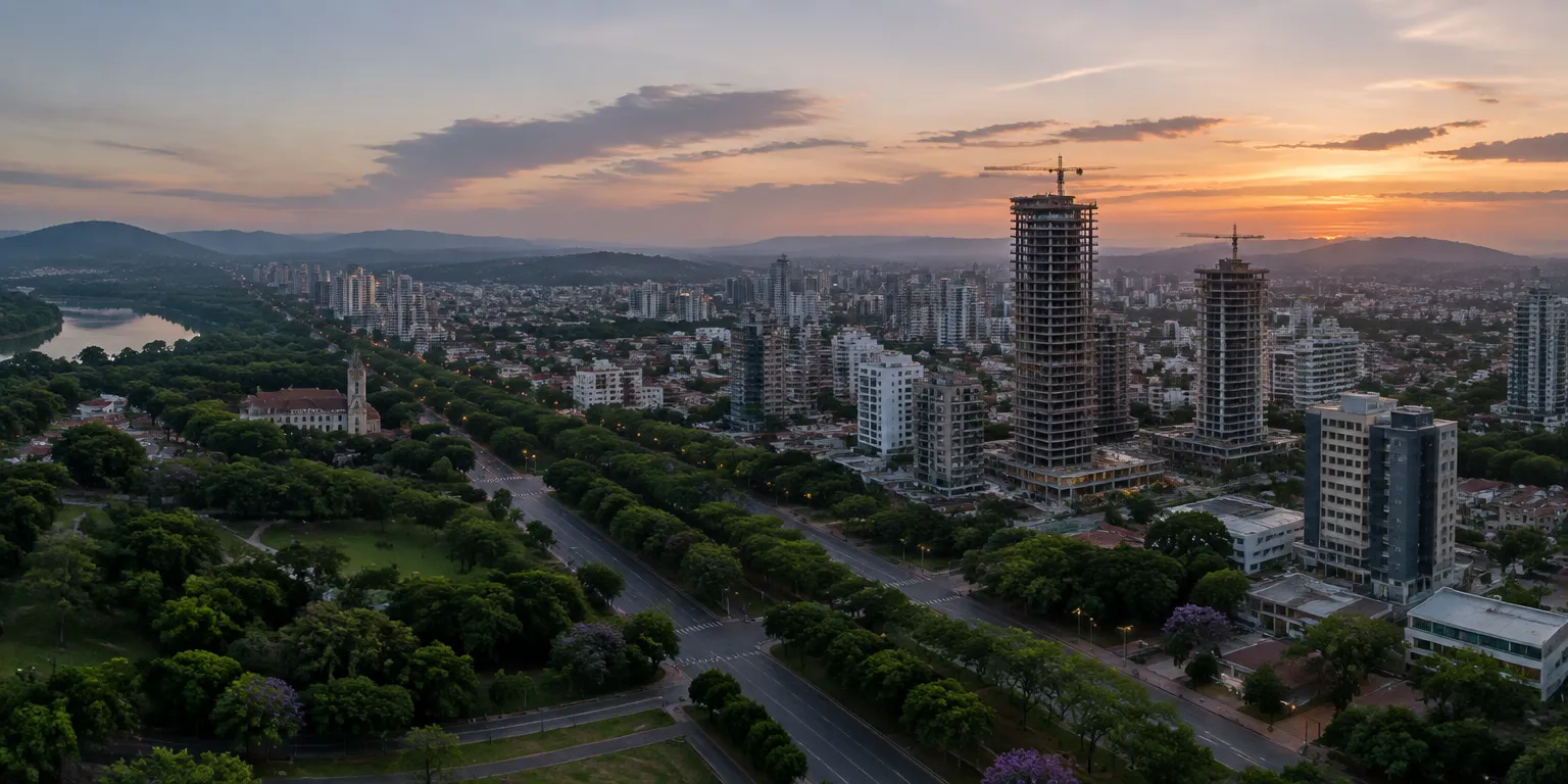 Panorama aéreo ao entardecer de uma cidade arborizada.